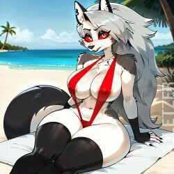 ai_generated beach furry headletzer helluva_boss looking_at_viewer loona_(helluva_boss) sitting_on_towel slingshot_bikini tagme