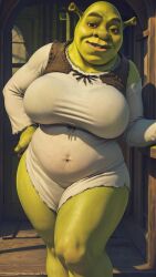 ai_generated big_belly big_breasts chubby clothed clothing curvy curvy_female curvy_figure dreamworks fat genderswap_(mtf) green_skin hourglass_figure huge_breasts looking_at_viewer massive_breasts massive_thighs rule_63 shrek shrek_(film) shrek_(series) standing thick_ass thick_legs thick_thighs