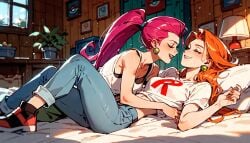 2girls ai_generated awaiting_sex cabin cassidy_(pokemon) closed_eyes couple foreplay imminent_kiss in_bed jessie_(pokemon) mahamoan pokemon yuri