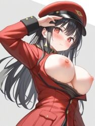 1girls ai_generated alternate_hair_length big_breasts black_hair breasts breasts_out ching_shih_(kosine1777) hat kosine1777 kosineverse large_breasts long_hair military_hat military_uniform nipples original original_character red_clothing uniform