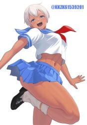 1girls 2022 aqua_eyes blue_eyes blue_skirt blush breasts capcom cosplay dark-skinned_female dark_skin elena_(street_fighter) female female_only grey_hair hi_res highres kkzk61539201 looking_at_viewer midriff navel neckerchief open_mouth outstretched_arms red_neckerchief school_uniform serafuku short_hair skirt smile smiling smiling_at_viewer solo street_fighter street_fighter_iii thighs upskirt