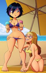 2010s 2girls big_hero_6 bikini black_hair bra breasts cleavage disney female female_only food gogo_tomago honey_lemon huge_breasts ice_cream ice_cream_cone long_hair marvel png ravenravenraven short_hair thick_thighs wide_hips yuri