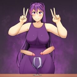 1girls dick doki_doki_literature_club dress peace_sign triplestabber wine_bottle yuri_(doki_doki_literature_club)