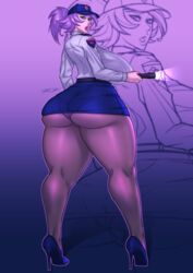 big_ass big_breasts clothed clothed_female high_heels purple_hair raidouzero stockings thick_thighs tight_clothing tight_skirt wendolin