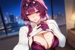 1girls ai_generated big_breasts breasts breasts_out eyewear_on_head honkai:_star_rail kafka_(honkai:_star_rail) lace lifted_by_self lingerie looking_at_viewer quillai selfie