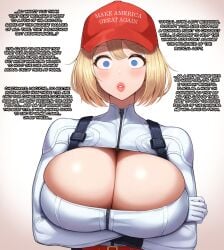 :o ai_generated arms_crossed blonde_hair cleavage cleavage_cutout dc_comics hat huge_breasts hypnosis large_breasts make_america_great_again mind_control politics power_girl spiral_eyes superheroine tagme why