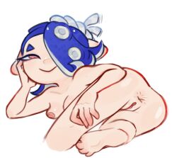 anus ass blue_hair breasts_out deep_cut_(splatoon) laying_down octoling octoling_girl presenting_anus presenting_butt presenting_hindquarters presenting_pussy pussy pussynukes red_eyes shiver_(splatoon) shiver_hohojiro smiling splatoon splatoon_3 spread_ass spread_butt