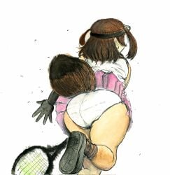 1girls ass black_gloves brown_hair cap gloves hat huge_ass kemono_friends light-skinned_female light_skin panties pink_skirt platypus_(kemono_friends) playing_sports playing_tennis skirt tennis_racket tennis_uniform white_panties