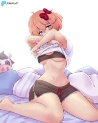 1girls belly_button black_bra black_underwear blue_eyes breasts coral_pink_hair crossed_arms doki_doki_literature_club feet_out_of_frame light-skinned_female mr._cow_(doki_doki_literature_club) pillow raionart sayori_(doki_doki_literature_club) short_hair sitting_on_bed taking_clothes_off thighs thighs_apart tummy underboob underwear white_background