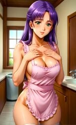 ai_generated anime apron babe bangs beautiful big_breasts blushing_at_viewer classic cleavage cooking day dinner green_eyes happy_thanksgiving himenogi_shizuka japanese kitchen kitchen_sink morning pleasure pleasure_face plump purple_hair sexy shelf shin_angel stable_diffusion thanksgiving thick_thighs toongenai trash_can voluptuous_female window wood wooden_door young_woman