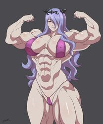 1girls areolae armpits belly bikini breasts camilla_(fire_emblem) cleavage erect_nipples extreme_muscles female female_only fire_emblem fire_emblem_fates flexing grey_background hair_ornament huge_ass huge_breasts long_hair muscles muscular muscular_female navel nintendo purple_bikini purple_eyes purple_hair spread_arms standing swimsuit text thick_thighs watermark wide_hips zetarok