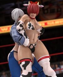 2girls 3d angel_(kof) catfight cow_bikini cow_girl crotch_grab female female_focus female_only fight fighting fighting_ring fingering fingerless_gloves fingers forced_fingering forced_orgasm forced_yuri gcb grabbing grabbing_from_behind king_of_fighters ryona shermie_(kof) wrestling wrestling_ring yuri