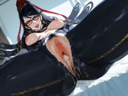 1female 1male ahe_gao ai_generated bayonetta bayonetta_(character) bayonetta_2 black_hair cum cum_in_pussy dark-skinned_male earrings glasses interracial pussy sex short_hair tagme