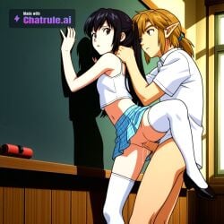 1girl against_wall ai_assisted ai_generated anime_screencap black_hair brown_eyes chalkboard checkered_skirt doggy_style doggy_style_sex dripping_pussy facing_forward forced from_behind hand_on_back hand_on_neck head_turned long_hair looking_away looking_away_from_viewer looking_forward midriff navel no_panties petite_girl rie_petoriyacowa