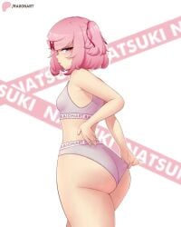 1girls ass ass_focus big_ass big_butt blush breasts bubble_butt cake caked_up clothed doki_doki_literature_club female light-skinned_female looking_at_viewer looking_back name_in_background natsuki_(doki_doki_literature_club) pink_eyes pink_hair pink_pantyhose raionart short_hair thighs thighs_together white_background