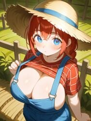 1girls ai_generated areola_slip areolae areolae_slip blue_eyes braid braided_ponytail farmgirl freckles freckles_on_breasts freckles_on_face huge_breasts jess_(kosine1777) kosine1777 kosineverse original original_character overalls plaid plaid_shirt raised_shirt raised_shirt_under_overalls red_hair shirt shirt_lift shirt_up straw_hat sun_hat viewed_from_above