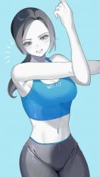 1girls abs armpits bare_shoulders big_breasts blue_background blush breasts casual cleavage cowboy_shot eyelashes female female_only grey_eyes grey_hair happy human long_hair navel nintendo open_mouth pale_skin ponytail smile solo stretching tank_top white_skin wii wii_fit wii_fit_trainer wii_fit_trainer_(female)