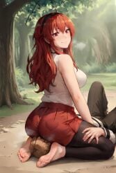 ai_generated ai_hands anxiousdangero barefoot eris_greyrat facesitting feet forest mushoku_tensei red_hair rudeus_greyrat smile soles