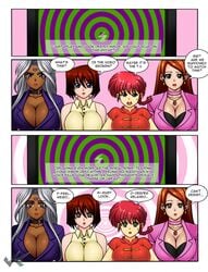 4girls breasts brown_hair busty canon_genderswap choker cleavage clothing collette_(daveyboysmith) comic crossover dark-skinned_female dark_skin daveyboysmith_(character) dialogue earrings english_text expressionless female female_only femsub genderswap_(mtf) hourglass_figure human hypnotic_screen jadenkaiba kaa_eyes large_breasts long_hair mind_control multiple_girls oh_my_goddess! open_mouth original original_character ponytail ranma-chan ranma_1/2 ranma_saotome red_hair rule_63 short_hair silver_hair sweat tea_gardner tech_control text urd voluptuous yu-gi-oh!