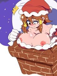 5-volt accidental_exposure blush breasts_out brown_eyes brown_hair chicken_rib chimney christmas exposed_breasts exposed_shoulders huge_breasts inconvenient_breasts nipples sack santa_claus_(cosplay) santa_costume santa_hat short_hair sidelocks stuck stuck_in_chimney sweat warioware