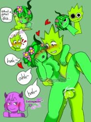 !! 1boy 2girls arrow_(symbol) artist_logo blush blushing_at_partner breasts closed_eyes crazy_eyes demon_horns demon_tail dick dripping_cum english_text flowers_in_hair green_hair heart holding_leg_up holding_shoulder incredibox incredibox_mod kukupaku licking_penis looking_at_another moaning_in_pleasure open_mouth owakcx_(sprunki) penis penis_in_pussy penis_milking person_in_background purple_skin sex_positions shocked_expression smile smirking_at_another splurt sprunki sweating text tongue vaginal_sex vineria_(sprunki)