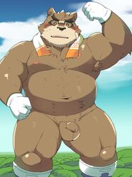 anthro ayame42612 balls bear belly blush brown_fur closed_eyes clothing eyewear fur glasses gloves male male_only mammal nipples overweight overweight_male penis solo tokyo_afterschool_summoners towel volos