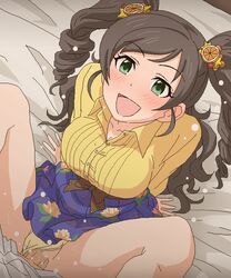 1boy bed blush censored clothed_sex female green_eyes idolmaster idolmaster_cinderella_girls nonomura_sora open_mouth panties panties_aside skirt solo_focus spread_legs tomu_(tomubobu) twintails underwear yellow_panties