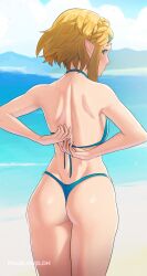 1girls 2d alternate_costume artist_name ass back back_view bare_back beach big_ass bikini blonde_hair blue_bikini blue_swimsuit braid crown_braid english_commentary female female_only from_behind green_eyes hair_ornament hairclip highres jpeg light-skinned_female light_skin looking_at_viewer mountainous_horizon nintendo ocean pale-skinned_female pale_skin pointy_ears pomelomelon princess_zelda profile short_hair shoulder_blades signature sky solo swimsuit tears_of_the_kingdom the_legend_of_zelda untied_bikini water watermark zelda_(tears_of_the_kingdom)