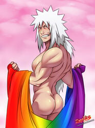 1boy ass bara gay gay_pride jiraiya male_focus male_only mature muscle naruto no_visible_genitalia pride_colors rainbow_flag smile solo undressing white_hair yaoi zapphier