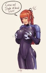 big_breasts bodysuit breasts busty cleavage dead_or_alive dead_or_alive_6 devil_hs female female_only human human_only kasumi_(doa) large_breasts shiny shiny_suit solo speech_bubble text tight_clothes tight_clothing