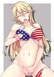 american_flag american_flag_bikini bangs between_legs bikini blonde_hair blush breasts closed_eyes closed_mouth collarbone female flag_print hair_between_eyes hand_between_legs iowa_(kantai_collection) kantai_collection kuurunaitsu large_breasts long_hair looking_at_viewer masturbation navel open_mouth outside_border panties panties_around_leg pussy_juice self_fondle shadow simple_background sitting smile solo star star-shaped_pupils striped striped_bikini swept_bangs swimsuit symbol-shaped_pupils tongue tongue_out underwear white_border