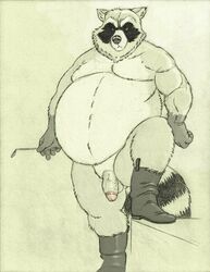 anthro boots clothing footwear gloves kinkycoyote leather leather_boots male male_only mammal markings overweight penis procyonid raccoon slightly_chubby solo testicles whip