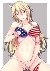 american_flag american_flag_bikini bangs between_legs bikini blonde_hair blue_eyes blush breasts collarbone female flag_print hair_between_eyes hand_between_legs iowa_(kantai_collection) kantai_collection kuurunaitsu large_breasts long_hair looking_at_viewer masturbation navel outside_border panties panties_around_leg parted_lips self_fondle shadow simple_background sitting smile solo star star-shaped_pupils striped striped_bikini swept_bangs swimsuit symbol-shaped_pupils tongue tongue_out underwear white_border