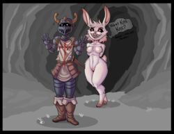 1boy 1girls anthro armor breasts devilbluedragon dialogue duo english english_text female fur lagomorph male mammal melee_weapon monty_python monty_python_and_the_holy_grail pussy rabbit rabbit_of_caerbannog red_eyes sharp_teeth smile sword teeth text weapon