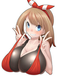 1girls bandana bare_shoulders big_breasts blonde_hair blue_eyes blush bra breasts brown_hair cleavage clothed double_v eyelashes female female_only highres huge_breasts human human_only impossible_clothes large_breasts may_(pokemon) may_(pokemon_oras) mokkosss nintendo pokemon pokemon_oras shiny shirt short_hair skin_tight smile suzumiya11 teeth v white_background