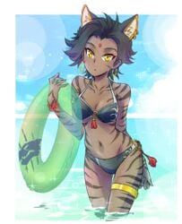 1girls animal_ears beach bikini black_hair brown_stripes brunette cat_ears cat_eyes catgirl dark-skinned_female dark_skin ear_fluff feline female hoop_earrings iesupa jewelry looking_at_viewer medium_breasts navel rwby short_hair sienna_khan skinny slim slit_eyes solo solo_female stripes tanned teenager thong tiger_girl tiger_stripes water yellow_eyes