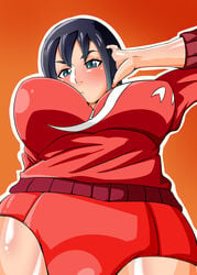 1girls alternate_version_available angry bare_shoulders big_breasts black_hair blue_eyes busty capcom cleavage clothing curvy female female_only front_view gym_uniform hourglass_figure human looking_at_viewer medium_breasts natsu_ayuhara piercing pose posing rival_schools shiny shiny_skin short short_hair simple_background solo standing teamtgs video_game video_games voluptuous wide_hips