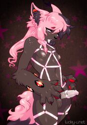 <3_eyes 2018 bondage bound canine fennec fluffy fluffy_tail fox hair heart inner_ear_fluff looking_down male mammal navel nipple_piercing nipples open_mouth pattern_background pawpads piercing pink_hair pink_tail pink_tongue purple_hair red_pawpads signature simple_background solo tongue tongue_out two_tone_tail