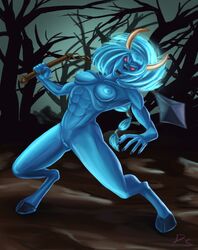 anthro blue_hair blue_pussy blue_skin breasts darklordslowpoke dota dota_2 fangs feline female hair hooves horn looking_at_viewer mammal muscular nipples nude pussy red_eyes rule_63 solo spirit_breaker video_games weapon