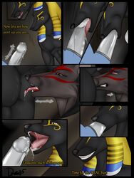 2015 2boys anal anthro anubian_jackal ass balls butt_sniffing canine chin_grab comic comic_page condom cuntboy deam_nitrel dionysos_(artist) duo duo_focus egyptian english_text fellatio gay gold_(metal) intersex jackal licking licking_lips makare male male_focus male_only mammal oral rimming sex smile text tongue tongue_out vaginal_penetration wolf yaoi