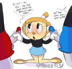 2boys blush cuphead cuphead:_the_delicious_last_course cuphead_(game) female footwear handjob handwear male manual mawile123 ms._chalice mugman penis text