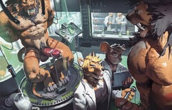2018 abs anthro balls bondage bound canine claws clothing computer cum erection experiment eyewear fangs feline fur gay hair humanoid jiandou laboratory laptop machine male male_only mammal milking milking_machine muscular muscular_male nipples nude open_mouth pecs penis penis_milking penis_milking_machine rat rodent saber-toothed_cat sabertooth_(feature) smile stripes teeth tongue yaoi