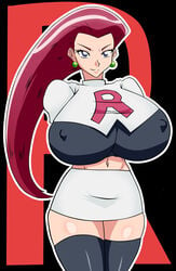 1girls absurdres alternate_breast_size arms_behind_back black_legwear blush boots breasts clothes crop_top ear earrings erect_nipples female highres huge_breasts jessie_(pokemon) jewelry legs lips long_hair midriff miniskirt navel nintendo pokemon pokemon_rgby pose purple_eyes red_hair shiny shiny_clothes shiny_skin skirt solo team_rocket thick_thighs thighhighs thighs underwear upskirt very_long_hair wide_hips zahkey zettai_ryouiki