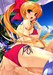 absurdres ass ass_grab ball bare_shoulders beach beachball bikini bikini_aside blonde_hair blush breasts comic_aun day female fingering frame from_behind hair_ribbon highres long_hair looking_back medium_breasts misaki_kurehito mizuhara_erika nail_polish open_mouth outdoors ponytail pussy_juice red_eyes ribbon saliva scan sex side-tie_bikini sitting sitting_on_person solo_focus string_bikini sweat swimsuit swimsuit_aside underboob very_long_hair