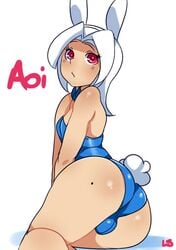 1boy 2017 :3 androgynous aoi_(lightsource) ass balls balls_in_bunnysuit beauty_mark big_ass blue_clothing blush bunny_boy bunny_ears bunnysuit easter femboy girly large_ass lightsource looking_back male mole red_eyes solo text trap white_background white_hair wide_hips wide_thighs