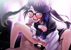 assertive bangs bar_censor baseball_cap black_hair blue_eyes blush censored clothed_sex commentary_request cowgirl_position cowgirl_position eyebrows_visible_through_hair female glasses hat idolmaster idolmaster_shiny_colors long_hair looking_at_viewer mitsumine_yuika nipples open_mouth penis pov pubic_hair pussy sex smile solo_focus spread_legs straddling straight tkhs twintails vaginal_penetration