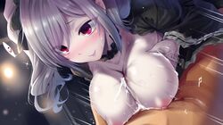 1boy breast_squeeze breasts closed_mouth cum cum_on_body cum_on_breasts cum_on_upper_body drill_hair ejaculation ejaculation_between_breasts female heart highres idolmaster idolmaster_cinderella_girls kanzaki_ranko large_breasts lolita_fashion nipples paizuri red_eyes silver_hair smile spoken_heart straight twin_drills twintails yamaguchi_(shinigami-no-barad)