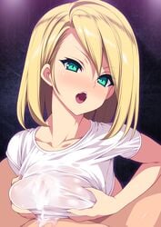 bangs blonde_hair breasts collarbone cum cum_on_body cum_on_clothes cum_on_upper_body cum_through_clothes cum_through_clothing ejaculation ejaculation_under_clothes eyebrows_visible_through_hair green_eyes highres kinoshita_ichi large_breasts medium_breasts open_mouth original paizuri paizuri_under_clothes pov see-through shirt solo_focus straight swept_bangs t-shirt upper_teeth wet wet_clothes wet_shirt