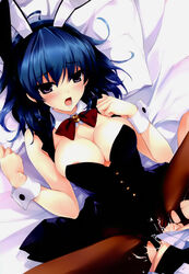 animal_ears areola_slip areolae blue_hair blush breasts bunny_ears bunny_tail bunnysuit comic_aun cum cum_in_pussy fake_animal_ears female fukiishi_hana highres large_breasts looking_at_viewer misaki_kurehito nipples original scan sex short_hair tail vaginal_penetration wrist_cuffs