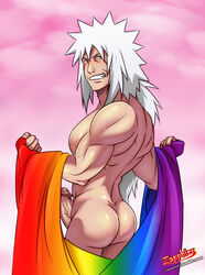 1boy ass bara big_penis erection gay jiraiya male_focus male_only mature muscle naruto nipples rainbow_flag smile solo undressing white_hair yaoi zapphier